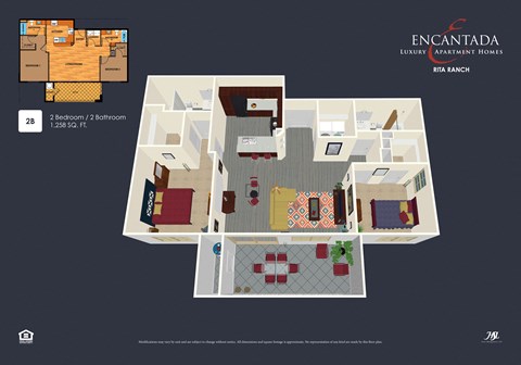 Encantada Rita Ranch 2B Bed floor plan 3D rendering, with  2D image on top left hand corner.